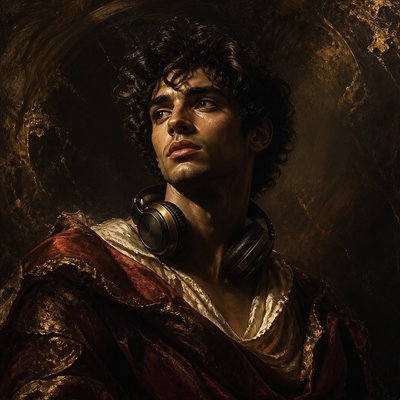 head-and-shoulders portrait of an original character: a young man with curly dark hair and headphones around his neck, plain backdrop, no text