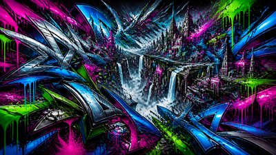 a cliffside city with waterfalls cascading into a misty canyon, wide establishing shot, no people, no text