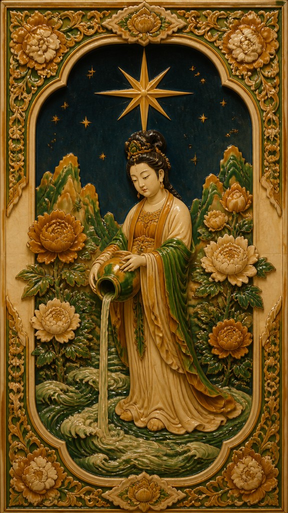 a robed figure pouring water beneath a large eight-pointed star in a night sky, symmetrical composition with an ornate decorative border, no text