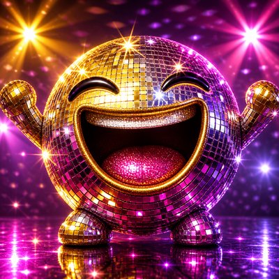 an exaggerated laughing face of an original round mascot character, bold and readable at small size, plain background, no text
