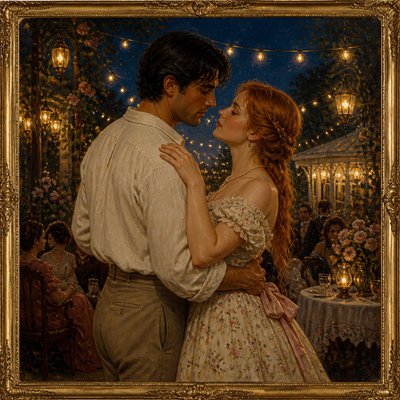 an original couple dancing under string lights in a garden at dusk: a man with short black hair in a linen shirt and a woman with braided red hair in a summer dress
