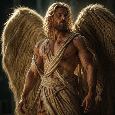 Fais moi un dieu blond et fort avec une barbe il a des ailes immenses en poiles et non en plume , il est habillé en beige dés vetement usée comme si il etait blesser ou en fuite
