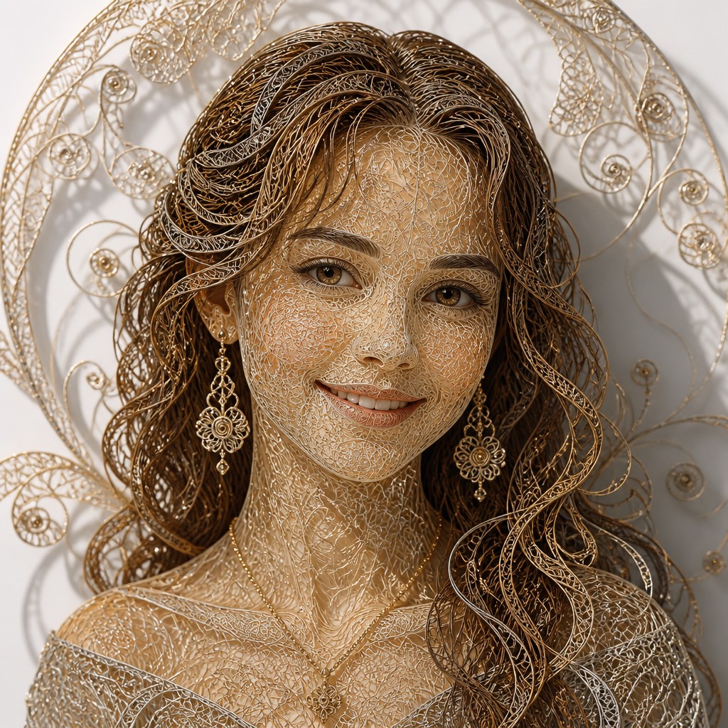 head-and-shoulders portrait of an original character: a young woman with wavy chestnut hair and a warm smile, plain soft backdrop