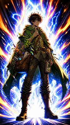 full-body original character: a wandering botanist with a satchel of plants, a patched green cloak, tall boots and round glasses, neutral background
