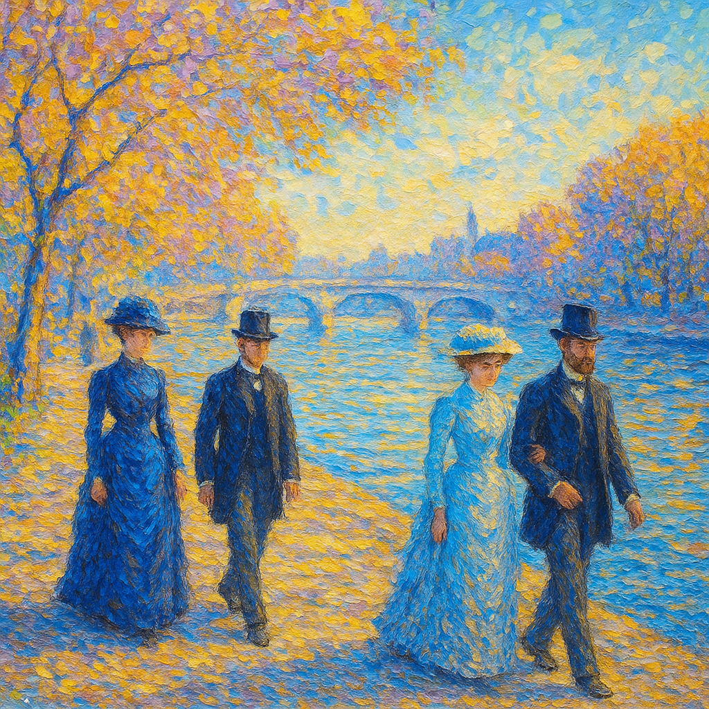 elegant Parisians in late 19th-century attire walking beside the River Seine, radiant lavender and gold foliage, mirror-like water reflections, bright afternoon light, pointillist texture layered with thick oil impasto, crisp sculptural brushwork, soft pigment ridges, vivid contrast between figures and background  Inspired by Neo-Impressionists like Seurat & Signac ...  reimagined with cinematic clarity and modern remixability.