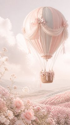 a hot air balloon drifting over rolling flower fields on a sunny day, cheerful, no text