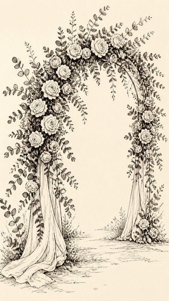 an arch of white roses and eucalyptus in soft morning light, elegant vertical composition with open space, no text