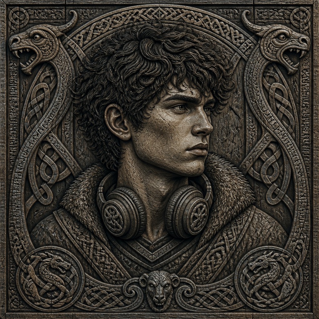 head-and-shoulders portrait of an original character: a young man with curly dark hair and headphones around his neck, plain backdrop, no text