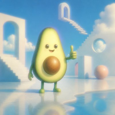 a happy avocado character giving a thumbs up, bold readable design on a plain background, no text