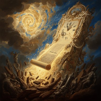 A highly conceptual and symbolic representation of Isaiah 48:5. Visualize a vast, ancient timepiece or scroll that is simultaneously unrolling into the present moment. The scroll is emanating a brilliant, glowing light which is eclipsing shadowed, shattered fragments of carved wood and broken metal idols scattered at the base of the image. The style should be highly detailed, luminous, and inspired by Baroque painting, emphasizing dramatic contrast (chiaroscuro) between the divine light and the darkness of human-made deities.