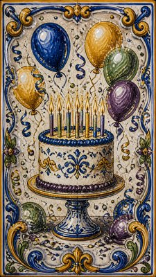 a birthday cake with lit candles surrounded by balloons and confetti, festive vertical composition, no text