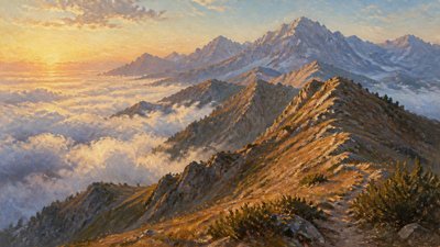 a wide alpine ridge above a sea of clouds, no people