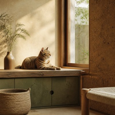 a cat lounging in a sunlit window