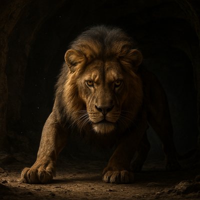 A majestic lion, eyes gleaming with predatory intensity, crouches low in a shadowy, ancient cave. Its powerful muscles are tensed, ready to spring. Dust motes dance in slivers of light piercing the cavern. The atmosphere is tense and expectant. Photorealistic, cinematic lighting, deep shadows, natural textures, dramatic perspective. Scene is figurative depiction of Psalm 10:9-10.