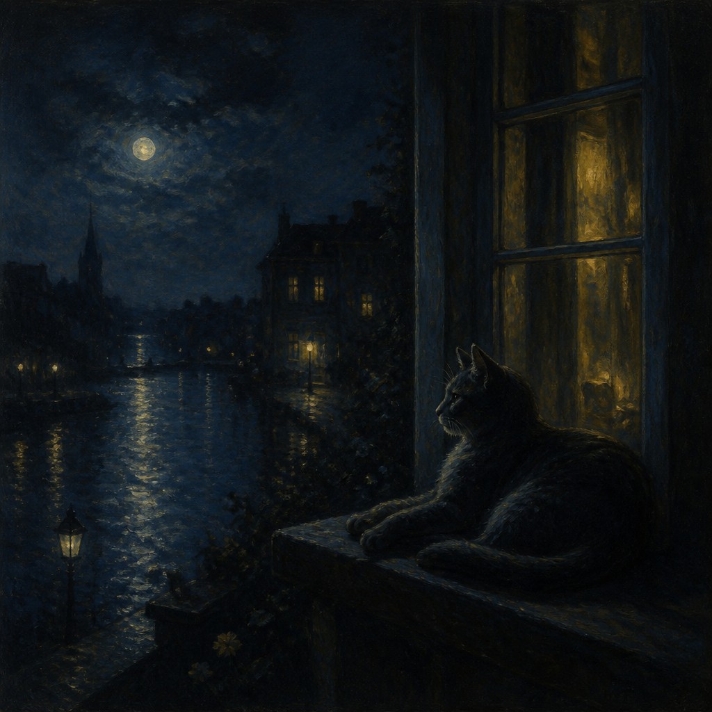 a cat lounging in a sunlit window — Nocturne Painting Style