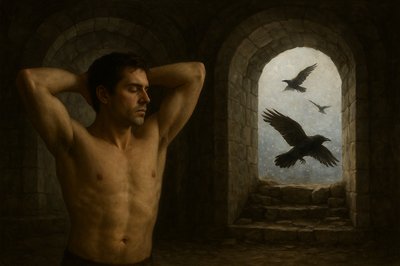 a painting of a man standing in front of a window with a bird flying over