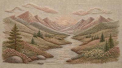 a vast valley with a river winding toward distant mountains at sunrise, no people, no text