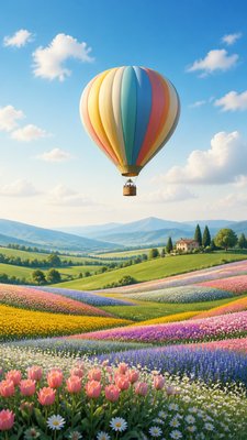 a hot air balloon drifting over rolling flower fields on a sunny day, cheerful, no text