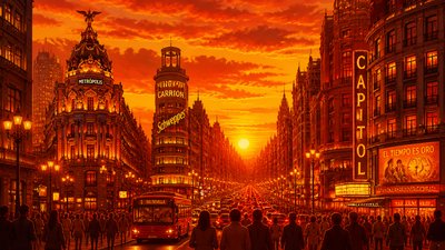 bustling city street panorama at dusk