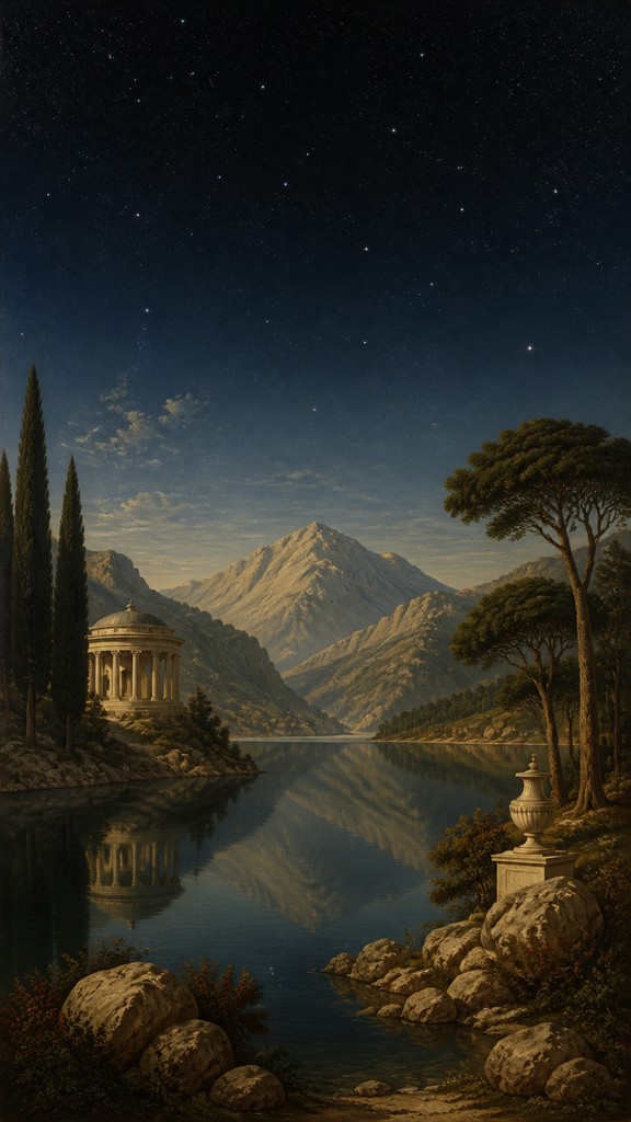 a tranquil mountain lake beneath a starry night sky, no people, no text