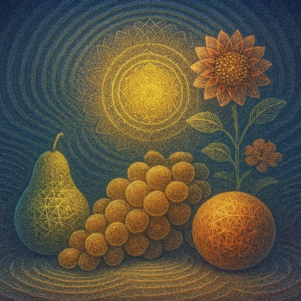 still life arrangement of fruits and flowers