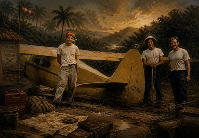 a painting of three men standing next to a plane