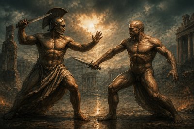 a painting of two men fighting over a sword