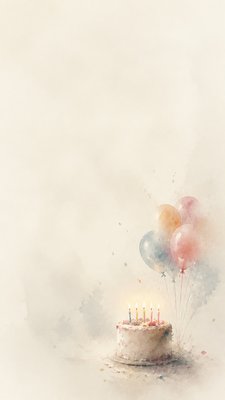 a birthday cake with lit candles surrounded by balloons and confetti, festive vertical composition, no text