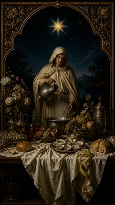 a robed figure pouring water beneath a large eight-pointed star in a night sky, symmetrical composition with an ornate decorative border, no text
