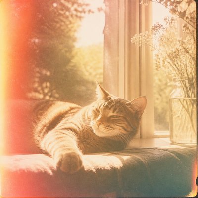 a cat lounging in a sunlit window