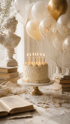 a birthday cake with lit candles surrounded by balloons and confetti, festive vertical composition, no text