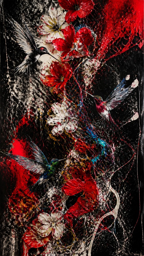 a climbing vine of flowers and hummingbirds on a dark background, tall wrapping composition, no text
