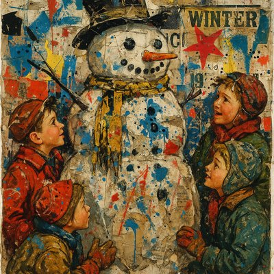 A Norman Rockwell style snowman fully built with the children all around him, admiring their creation, like the song Frosty the Snowman
