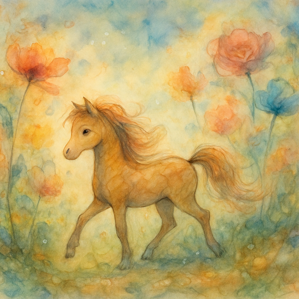   A whimsical little horse wandering through a fantastical meadow of oversized flowers, soft morning light, delicate sparkles drifting in the air, intricate details, watercolor-dream mood, gentle movement in the mane and tail, expressive eyes, cinematic depth and color