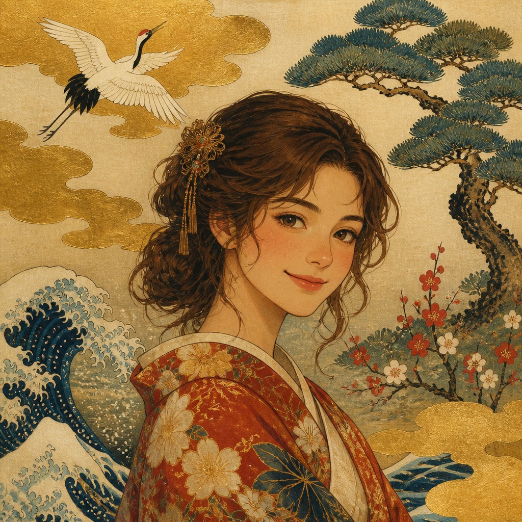 head-and-shoulders portrait of an original character: a young woman with wavy chestnut hair and a warm smile, plain soft backdrop