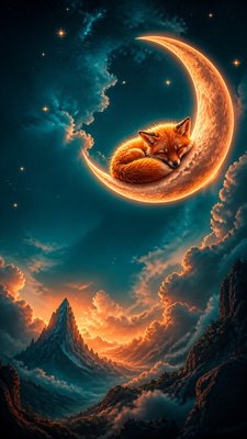 a sleeping baby fox curled on a crescent moon among soft stars, gentle and warm, no text