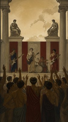 a live music scene with a glowing stage and silhouetted crowd, energetic vertical composition with open space at the top, no text