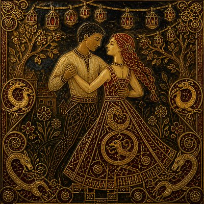 an original couple dancing under string lights in a garden at dusk: a man with short black hair in a linen shirt and a woman with braided red hair in a summer dress