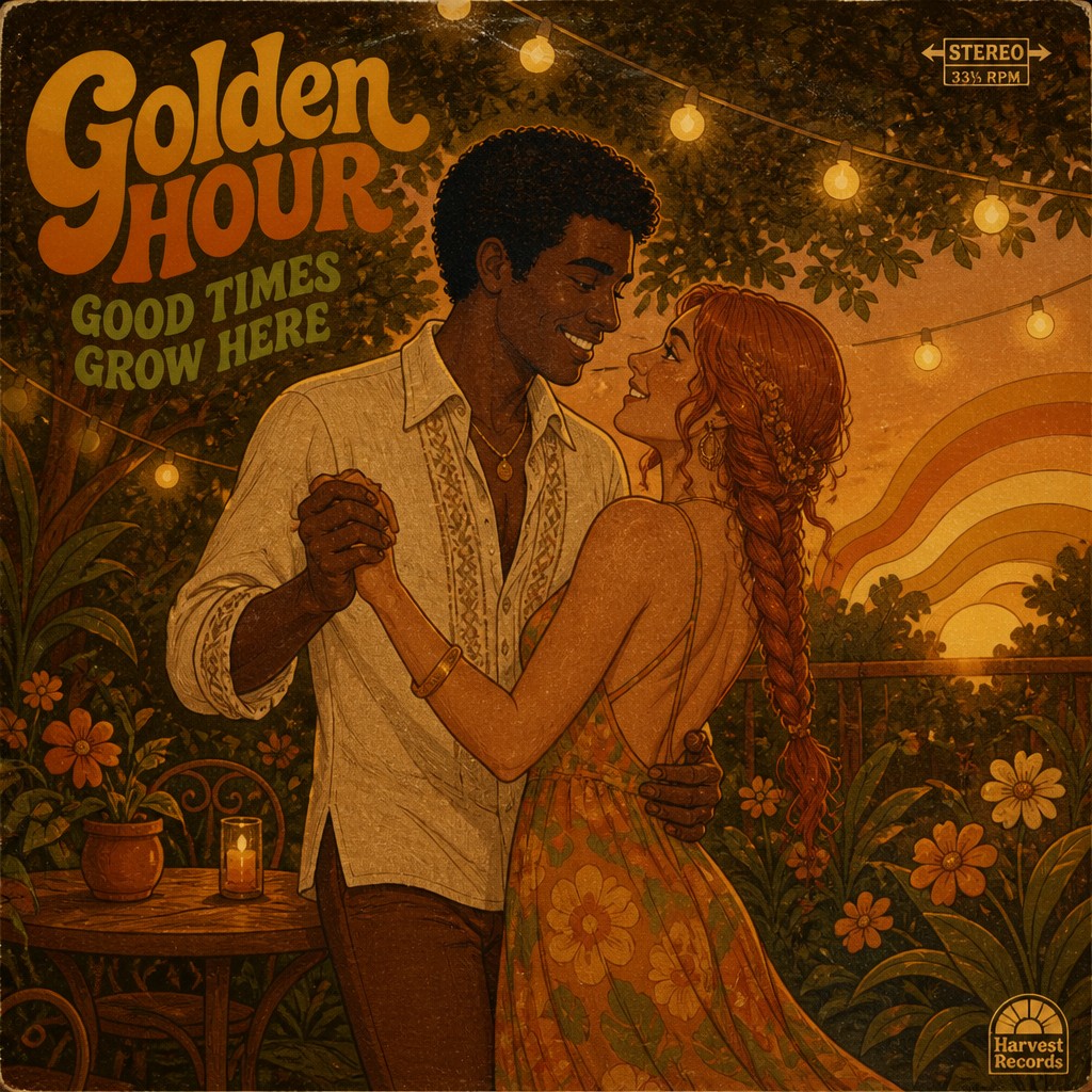 an original couple dancing under string lights in a garden at dusk: a man with short black hair in a linen shirt and a woman with braided red hair in a summer dress
