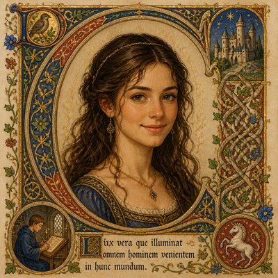 head-and-shoulders portrait of an original character: a young woman with wavy chestnut hair and a warm smile, plain soft backdrop