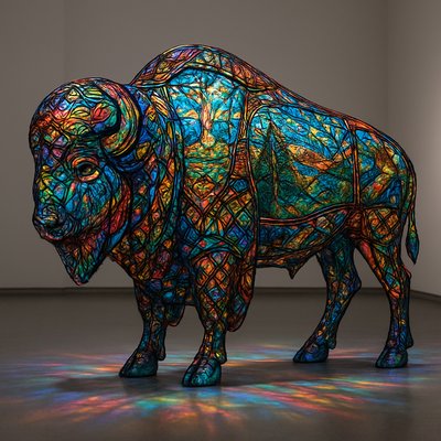     A breathtaking, full-size artistic sculpture of a standing buffalo, rendered entirely in the style of intricate, luminous glass art, reminiscent of the painted buffalo installations found in West Yellowstone art shows. The buffalo's form is composed of countless individual pieces of vibrant, multifaceted stained glass or fused glass, meticulously cut, arranged, and joined, creating a cohesive and majestic shape.

    Instead of traditional paint, the entire surface of this glass buffalo is adorned with various miniature, finely detailed scenes and patterns etched, painted, or embedded within the glass itself, or created by the unique coloration and texture of the glass pieces. These scenes could depict:

        Western landscapes: Yellowstone's geysers, mountain ranges, pine forests, rivers.

        Wildlife: Elk, bears, wolves, eagles (in glass).

        Native American art motifs: Geometric patterns, symbols, and figures (also rendered in glass).

        Historical moments: Subtle nods to early explorers or iconic figures (stylized in glass).

    The buffalo's interior is subtly illuminated, causing the entire sculpture to glow from within. Light catches every facet of the glass, creating a dazzling play of refracted colors and intricate shadows on the ground around it. The background is a clean, modern art gallery setting with soft, focused lighting, allowing the buffalo to be the sole, radiant centerpiece. The atmosphere is one of awe, wonder, and appreciation for artistic craftsmanship and the spirit of the American West, reimagined through a unique, luminous medium. The artistic style is hyper-realistic, emphasizing the detailed texture, transparency, and brilliant light play inherent in glass art."