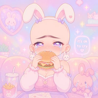 Bunny girl bald with mono brows and crying while eating a burger