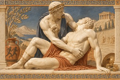 a statue of a man sitting on the ground next to another man