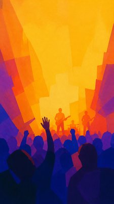 a live music scene with a glowing stage and silhouetted crowd, energetic vertical composition with open space at the top, no text