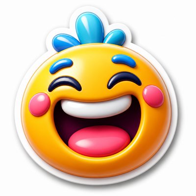 an exaggerated laughing face of an original round mascot character, bold and readable at small size, plain background, no text