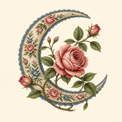 a rose entwined with a crescent moon, clean balanced composition on a plain background, no text