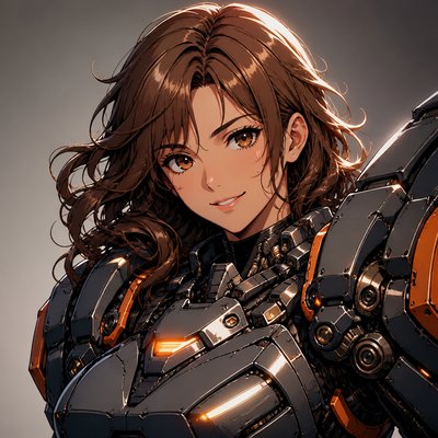 head-and-shoulders portrait of an original character: a young woman with wavy chestnut hair and a warm smile, plain soft backdrop