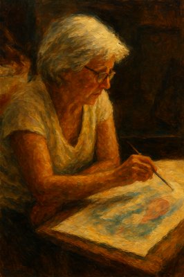 a painting of a woman writing on a piece of paper