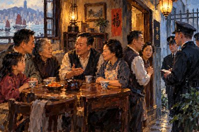 a painting of a group of people sitting around a table