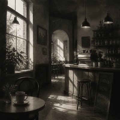 cozy cafe interior with warm lighting